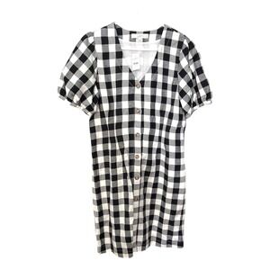 LOFT 6 Black White Gingham Button Puff Sleeve Linen Blend Dress Cottagecore